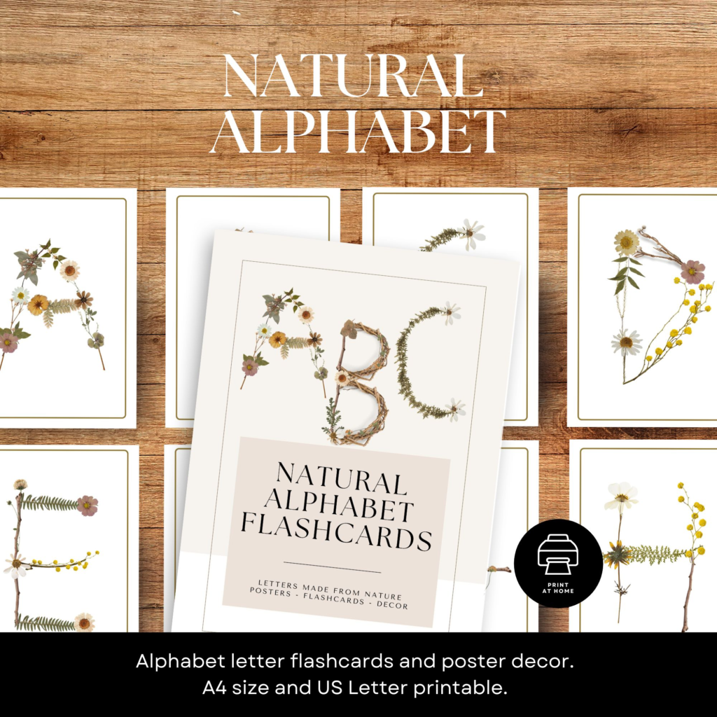 natural alphabet letters decor posters flashcards